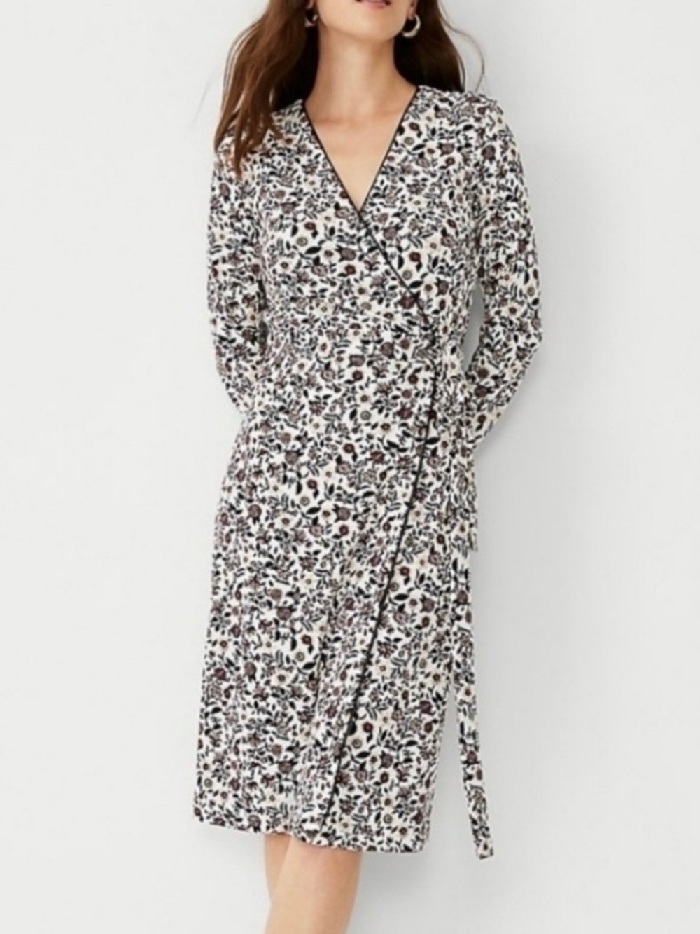 Ann Taylor White Floral Wrap Midi Dress with Black and Brown Print